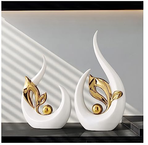 Tauzveok Abstrakte Skulptur deko, Modern Keramik Handwerk, für Dekoration Schlafzimmer Tischdekoration Büro Wohnungs Skulpturen Und Statuen, Weiß Gold Set