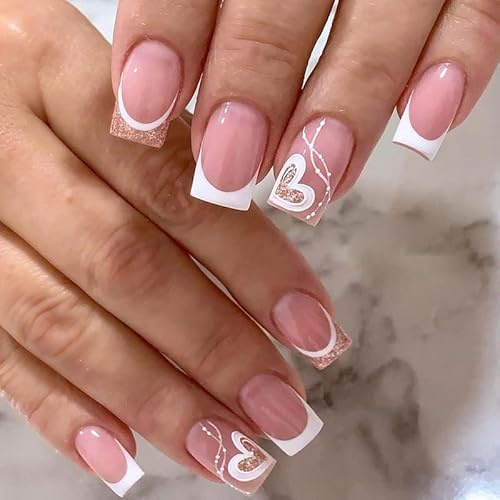 24 Pcs Press on Nails Medium Design, Almond Fake Nails with Adhesive Tabs Acrylic Nails for Women and Girls