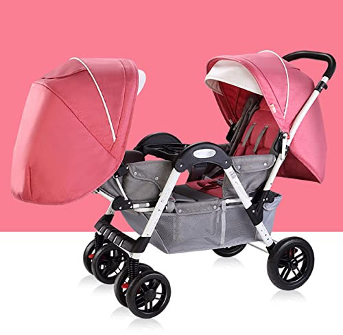 Doppelter Tandem Kinderwagen Organizer-Angesicht Zu Angesicht Faltbarer Zwillingskinderwagen Für Säuglinge Und Kleinkinder, Convertible Reclining Kinderwagen, Verstellbares Verdeck ( Color : Roze )
