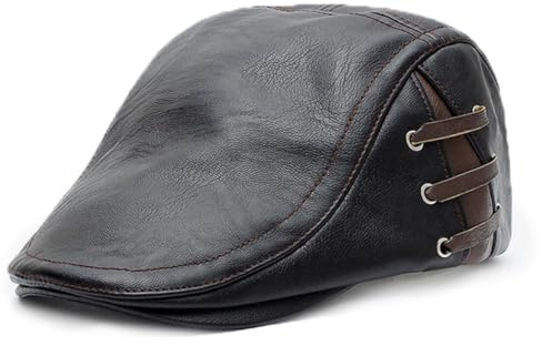 Schiebermütze aus PU-Leder für Herren verstellbar Schiebermütze Entenschnabel Klassische Baskenmütze Herbst und Winter(Schwarze Riemen)