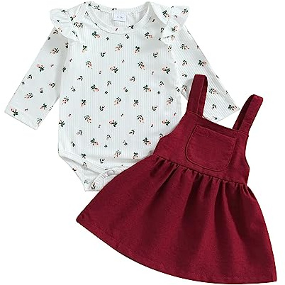 Vioyavo Completo Neonata Bambina Invernale Vestiti della neonata Tuta Stampa Natalizia a Maniche Lunghe + Gonna a Bretelle Scozzese Tuta (Rosa, 6-9 Months)