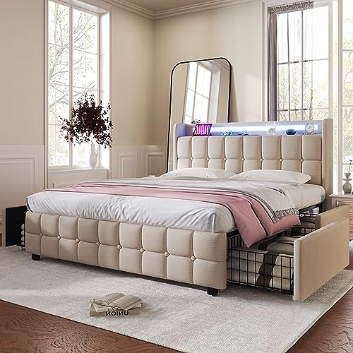 ZYLOYAL10 Polsterbett mit Aufladen USB Ladefunktion Kopfteil und 2 Schubladen,Einzelbett Stauraumbetten Bettgestell, Lattenrost aus Holz (180x200cm, Beige)