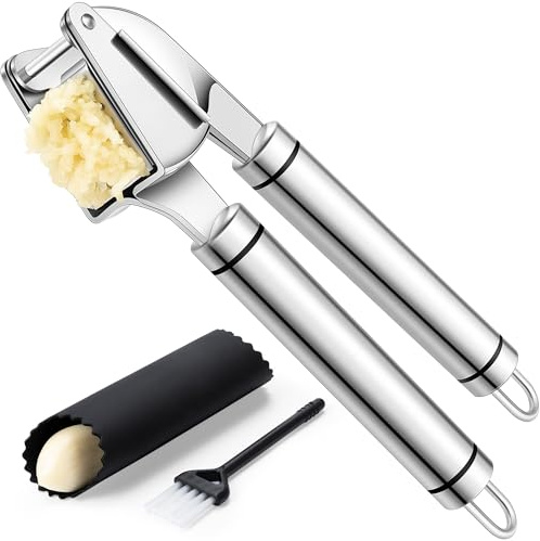 Rainspire Premium Garlic Press Stainless Steel, Garlic Mincer Tool, Garlic Crusher Tool, Garlic Smasher Garlic Masher Includes Silicone Garlic Peeler & Cleaning Brush, Dishwasher Safe (Silver)
