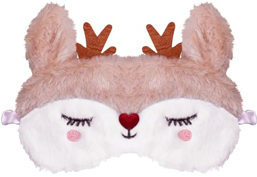 FUNAUPGO Weihnachten Rentier Augenmaske, Süße Tier Lustige Rudolph Schlafmaske Weich Plüsch Augenbinde Schlafbrille Augen Abdeckung für Kinder Erwachsene Mädchen Jungen Mädchen Damen (Rentier, Weiß)