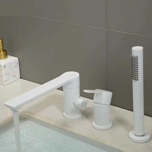 SXLSZ 3 Loch Wannenrandarmatur,Badewannenarmatur Mit Ausziehbarem Handbrause,Messing Wasserhahn Badewanne Armatur Set Badezimmerarmaturen,Weiß