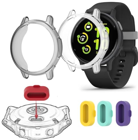 FCMEDZI Compatible for Garmin Vivoactive 5 Protector Case，Soft Frame TPU Protector Case and Silicone Charging Dust Plug (Pack of 4+2) (Cases Not Screen Protector)