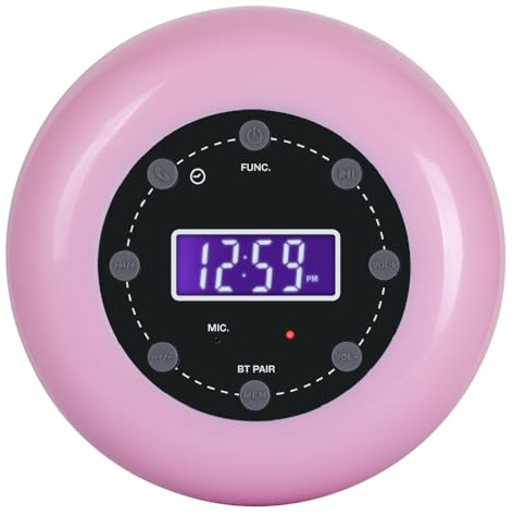 HANNLOMAX HX-159CR Shower Clock Radio, PLL FM Radio, Bluetooth with Hand-Free Function, LCD Display, Waterproof (IPX4), Built-in Li-ion Rechargeable Battery, Unique Suction Cup Design. (Pink)