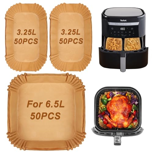 YQL 150PCS Air Fryer Liners for Tefal Easy Fry XXL 2in1 Digital Dual 6.5L or 3.25L x2 Drawer, Disposable Air Fryer Accessories, 50PCS 8Inch Square Non-Stick Parchment Paper &100PCS Loaf Tin Liners 2lb
