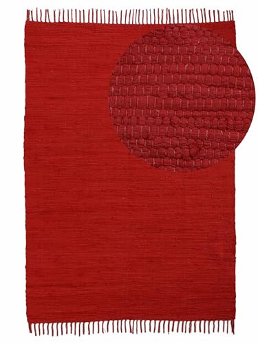carpetfine Flickenteppich Kelim Chindi Uni Rot 90x160 cm, handgewebt | Fleckerlteppich aus Baumwolle für Wohnzimmermit Fransen