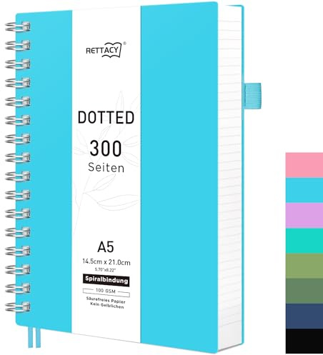 RETTACY Notizbuch A5 Dotted, 180°flach, 300 Seiten - Blau | Bullet Journal, Softcover, 100g&m² Papier kein Durchschlagen, kein Ausbluten, Stiftschlaufe für Projektplanung & Büro