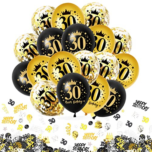 30 Stück 30 Geburtstag Deko Schwarz Gold, Luftballons 30. Geburtstag mit Konfetti, 30. Schwarz Gold Konfetti Zahlenballon, 30 Happy Birthday Deko für Männer Frauen Jubiläum Geburtstags Party Tisch