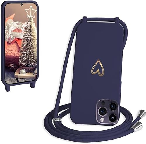 CaseLover Handyband kompatibel iPhone 12/12 Pro Hülle mit Band, Navy Blau | Herz Muster, Silikon Necklace Handyhülle mit Abnehmbar Kordel zum Umhängen, Stossfest Bumper Handy Schutzhülle Case 6.1