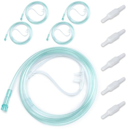 10 STK Sauerstoff-Nasenkanülen, enthält 5 STK 2m Nasenschläuche für Erwachsene & 5 STK Schlauch-Drehverbinder, weich & knickresistent, hochwertiges Zubehör von BlessEase.