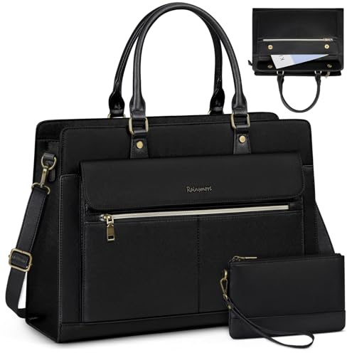 RAINSMORE Handväska dam stor shoppingväska väska dam arbetsväska dam 15,6 tum laptopväska vattentät PU-läder uni väska lärarväska portfölj svart, svart, 42 cm x 15 cm x 31 cm, Utility