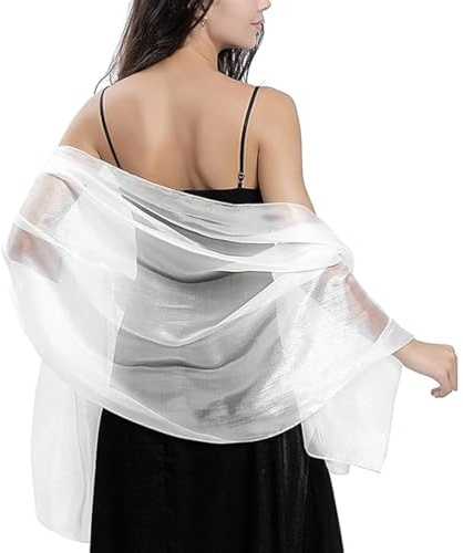 QOZJI Stola da Donna Fazzoletto da Collo in Chiffon Sciarpa Estiva Stola Festiva da Donna per Abito da Sera o Abito da Sposa Sciarpa da Sposa Mantella Coprispalle,Bianco