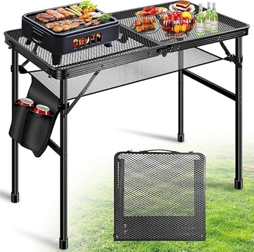 DeeprBling Campingtisch Klappbar, Metall-Klapptisch Camping Klein 60x40 cm, Klapptisch Höhenverstellbar, 2 Höhen 27/56 cm mit Mesh-Netz, Tragbarer Faltbarer Campingtisch Mehrzwecktisch mit Tragegriff