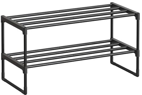 SONGMICS Schuhregal 2 Ebenen, Schuhständer Metall, Schuhaufbewahrung, Schuh-Organizer, aufrecht oder umgedreht, für 6-9 Paar Schuhe, stapelbar, Flur, 30 x 68 x 33,8 cm, schwarz LSA202B01