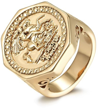 Bling King London Gold Hexagon Dragon Slayer Sovereign Ring for Men, Size T
