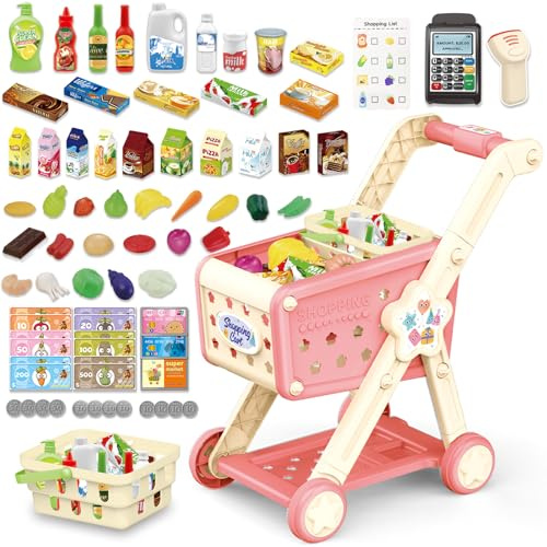 RedCrab Carrito Compra Juguetes con Escáner, 74Pcs Accesorios de Tienda, Calculadora, Tarjetas de Crédito, Mini Cesta de Compras, Juego de rol Juguete para Niños y Niñas 3+ Años (Rosa)