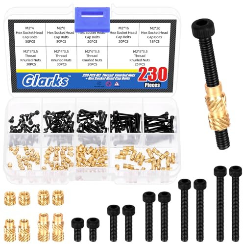 Glarks 230pcs M2 Socket Head Screws and Thread Brass Knurled Nuts Assortment Set, 115pcs 4/8/12/16/20mm Hex Socket Head Cap Screws, 115pcs 4 Sizes Brass Threaded Insert Embedment Nut
