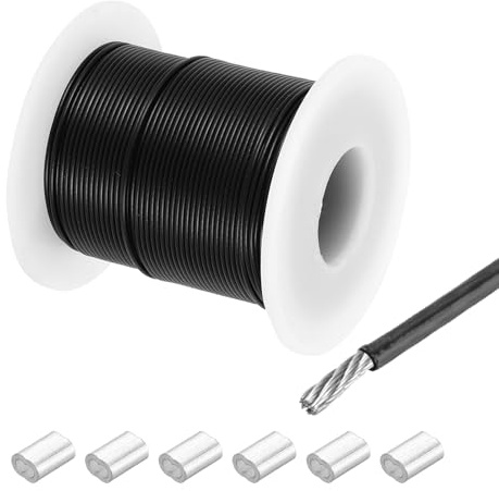QUARKZMAN Cable De Acero Inoxidable 304 De 131 Pies (40 M) Recubierto De Vinilo De 1/24 (1 Mm) Con 6pcs De Manguitos De Aluminio Para Colgar, Tendederos, Elevación Negro