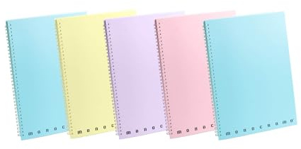 Pigna,Confezione 5 Quaderni Maxi A4 Spirale MONOCROMO Pastel,22x29,7 cm,4 Fori e Microperforazioni, 140 pagine, Carta 80 g/m², Copertina PPL,interno 5M,quadretto 5mm