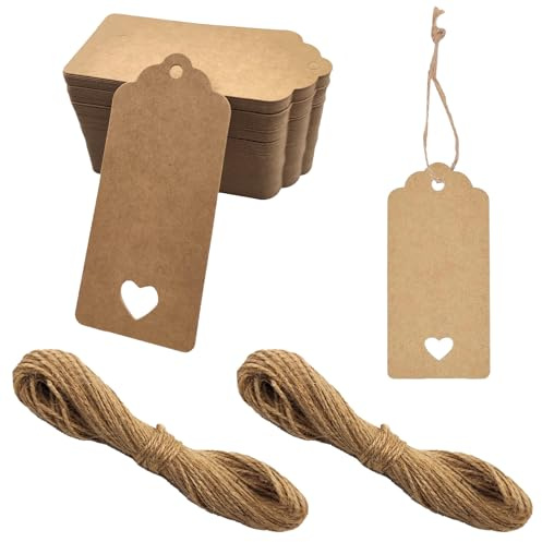 200 Stück Geschenkanhänger & Etiketten, Kraftpapier Anhänger Etiketten Craft Tags 4x9cm mit Naturjuteschnur 40M, Anhänger für Hochzeitsdekoration,Weihnachten,Geschenkverpackung,DIY-Projekte,Handwerk