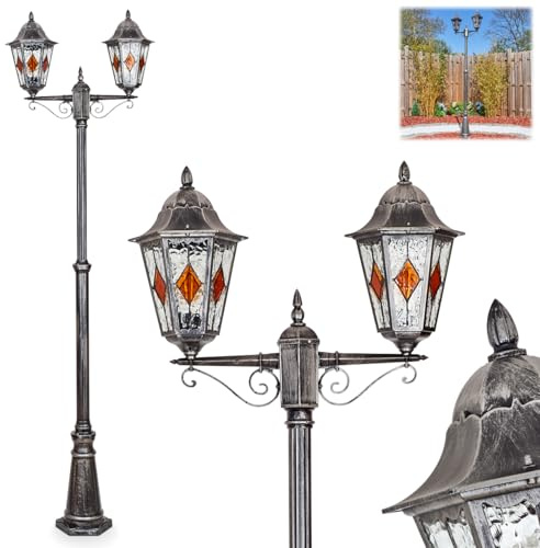HOFSTEIN Kandelaber Lignac, Außenwegeleuchte aus Metall/Glas in Schwarz/Silber/Klar/Orange, Wegebeleuchtung 220 cm, 2 x E27, IP44, Wegeleuchte im Vintage-Design für Garten, Außenbereich, Hof