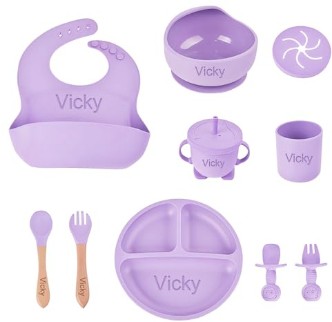 Set Alimentazione Bambino in Silicone Personalizzato con Nome Inciso Kit Svezzamento Autonomo (BLW) Bavaglino, Bicchiere, Piatto Divisorio, Ciotola, Cucchiaio, Forchetta | Stoviglie Neonati e Bambini