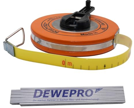Richter Mètre ruban en fibre de verre 15 m – Largeur 16 mm, ruban jaune gradué en cm – En capsule plate robuste avec revêtement en plastique – Début A (10 cm avant) avec mètre DEWEPRO de 2 m