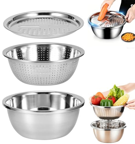 Colador de Acero Inoxidable con Cuenco para Rallar, Rebanar y Escurrir | 4,5L Cuenco 3 en 1 Multifuncional de Cocina con Rallador y Colador para Lavar y Procesar Verduras y Frutas