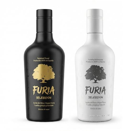 FURIA Selección Pack Aceite de Oliva Virgen Extra Picual + Arbequina 2x500ml | AOVE Gourmet Español Cosecha Propia | Extracción en Frío Sin Filtrar | Regalo Gourmet Navidad