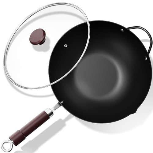 Jobin 32 cm Wok de Acero al Carbono con Tapa, Asas de Madera y Acero, Puede Cocinar Platos Asiáticos Para 3-5 Personas - Fondo Plano