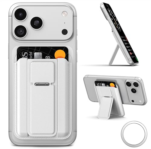 qaf Magnetic Card Holder Wallet for Smartphone, Slim Back Card Case with Phone Stand Support, Strong Magnet Grip, Easy-Access Pocket, Compatible with MagSafe & Magnetic Phone Cases White