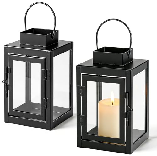 2 Stück Laternen für Draußen, 10x16.5CM Windlicht Outdoor, Laternen für Kerzen Gartenlaternen, Gartenlaterne für Teelichthalter, Klein Metall Laterne für Kaffee Tisch, Kamin Mantel (Schwarz)