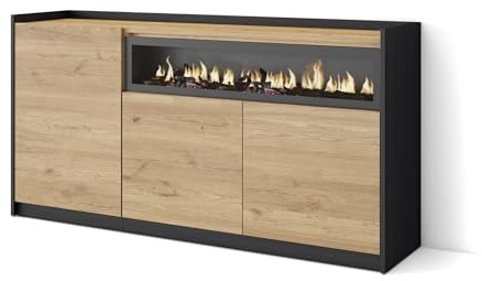 Skraut Home | Aparadores para salón | Gran Capacidad de almacenaje | 156x80x37 cm | 3 Puertas | Chimenea eléctrica | Estilo Moderno | Roble y Negro