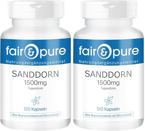 Fair & Pure Argousier 1500mg, 120 gélules, complément alimentaire végétalien sans stéarate de magnésium, fabriqué en Allemagne (Lot de 2)