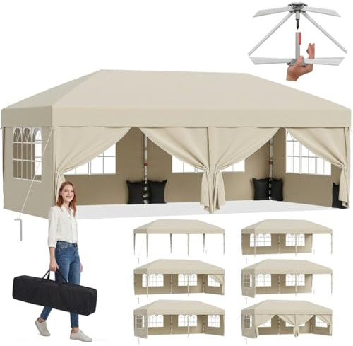 JUMMICO Pop up Pavillon 3x6 wasserdicht stabil Winterfest, One-Touch-Aufbau, Faltpavillon mit Seitenwänden, UV 50+, Shelter ideal für Garten, Innenhof, Camping und Partyzelte. Beige