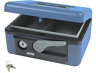 Amig - Coffre-fort | Coffre de Sécurité pour Argent, Billets et Pièces de Monnaie | Avec Plateau à Monnaie | Ouverture Automatique avec Poignée et Clé | Couleur Bleue | Acier | 165 x 125 x 80 mm