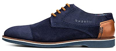 bugatti Uomo Scarpe in pelle scamosciata con nabuk e cuoio, derby comfort dal design casual, Blu Scuro, 42 EU