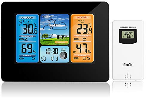 ALLOMN Funk Wetterstation, Multifunktionale Digitale Wettervorhersageuhr mit Wetter im Freien/Alarm/Temperatur/ Luftfeuchtigkeit/Barometer/Alarm/Mondphasenfunktion (Schwarz)