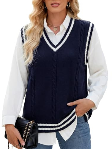 Gihuo Women's V Neck Trendy Sweater Vest Cable Knit Sleeveless Sweater Preppy Style Pullover Sweater Vest (Navy, Medium)