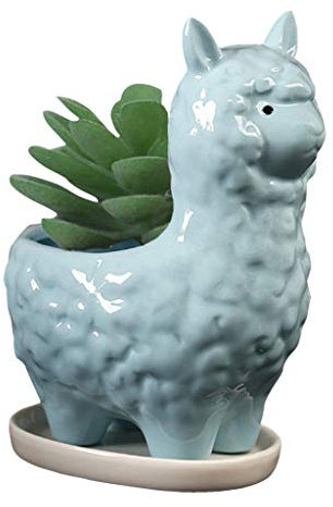 Gemseek - Macetero con bandeja de drenaje, diseño de llama de cerámica azul para cactus y flores, soporte para bonsai de alpaca para plantas de interior