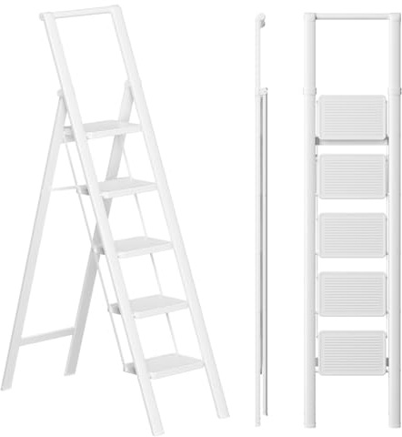 SOLADDER 5 Step Ladder, Folding Step Stool, White Foldable Iron Ladder for 10 Foot High Ceiling with Anti-Slip Wide Sturdy Pedal and Handgrip, Multi-Use for Home (300 lbs Capacity)