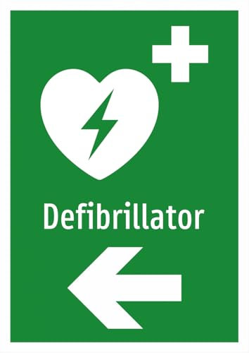 Schild: Hinweisschild Defibrillator mit Pfeil nach Links - A4, 297x210mm, einseitiger Druck | Aluverbundschild| nachleuchtend