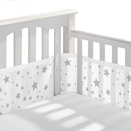 HB.YE Bettumrandung Nestchen Breathable Netzgewebe 4-seitiges Netzfutter für Babybett Kinderbetten (Weiß mit Sternen…)