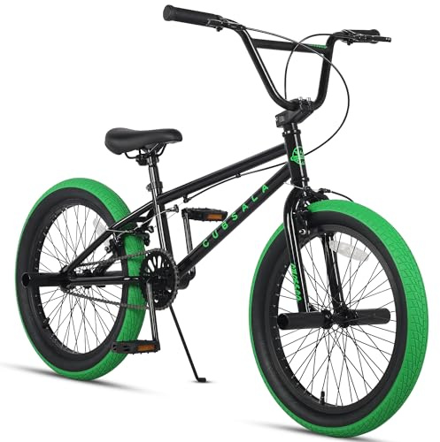 cubsala Freestyle BMX Bike, 20 Inch Kids Bicycle for 7-13 Years Old Kids and Beginner Level Rider, Black with Green Tires