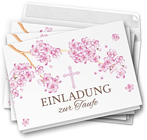 10 Einladungskarten Taufe - Motiv Kirschblüte rosa - moderne Klappkarten mit Umschlägen - Einladungen zu Taufe Kirche Einladung Karten