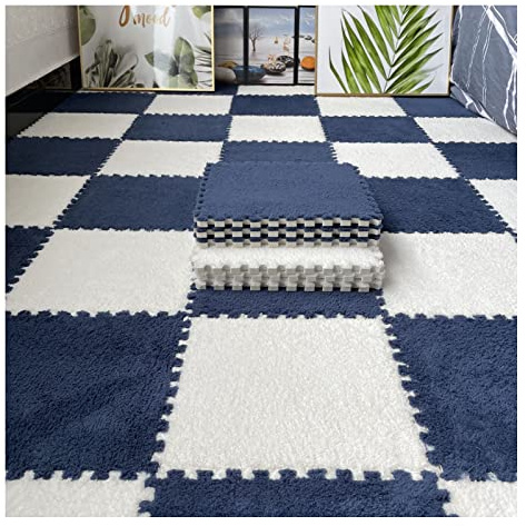 16 Stück Ineinandergreifende Plüsch-Schaumstoff-Fußmatten, Warmer Teppich, Ineinandergreifende Bodenfliesen, 30 X 30 cm Große Puzzle-Spielmatten Für Schlafzimmer, Spiel(Color:Navy Blau+Weiß)