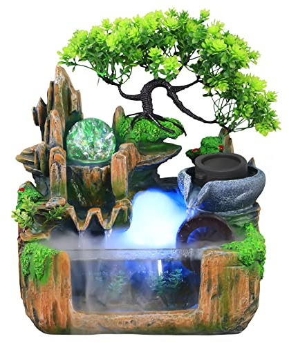 Waterfall Fountain Tabletop Rockery Fountain Indoor with Aquariums, Plant, Atomizing Humidifier, Colorful LED Crystal Ball Zen Meditation Indoor for Home Office Bedroom Desk Décoration 110v
